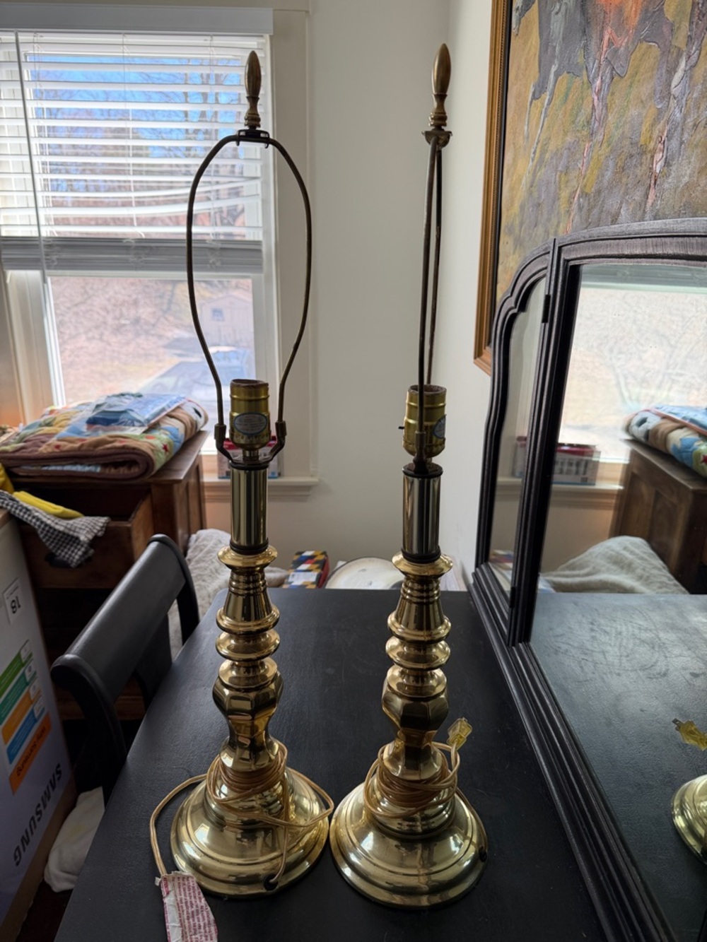 Pair of Brass Table Lamps - Polished Gold Finish